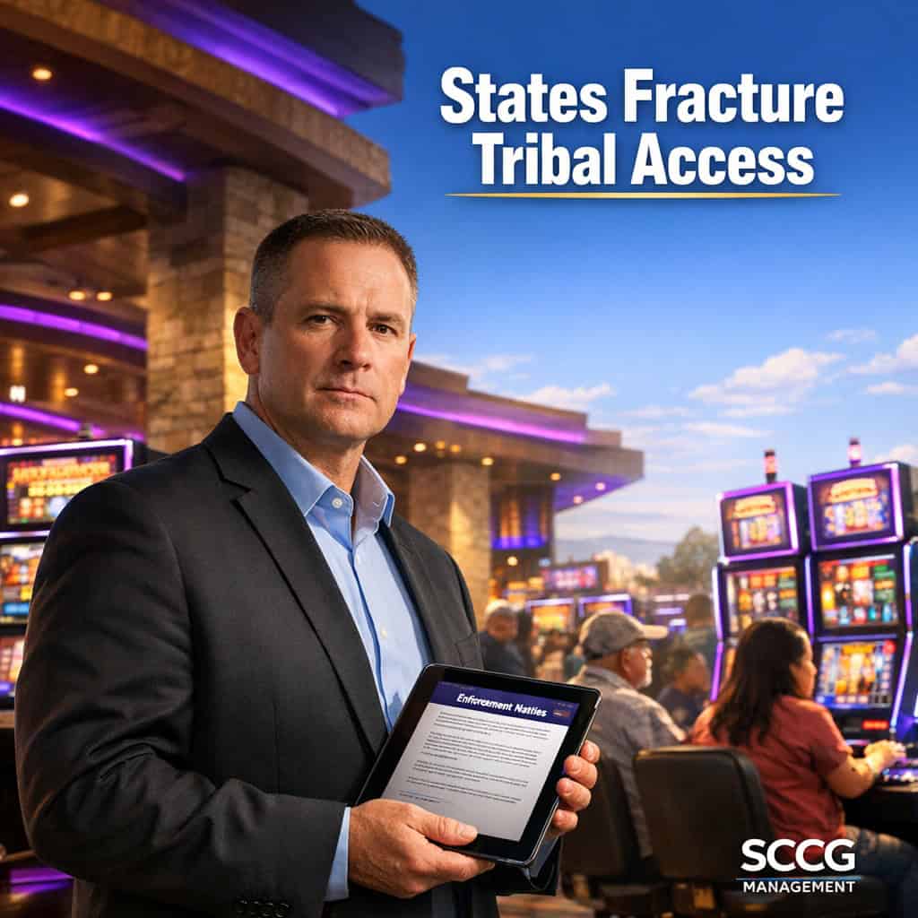 Tribal casino slot floor with compliance officer reviewing enforcement notices on tablet amid active machines, highlighting fractures in tribal sovereignty.