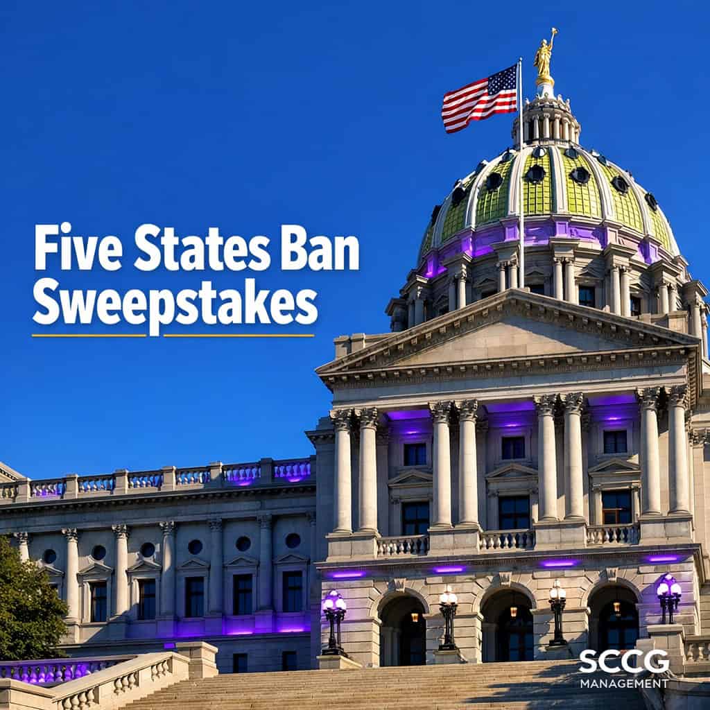 Bright daytime exterior of a state capitol building with American flag flying, conveying regulatory action on sweepstakes casino legality.
