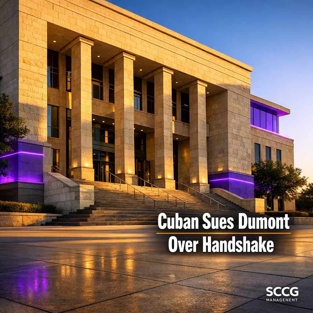 Texas courthouse exterior bathed in bright golden sunlight, conveying the weight of the legal petition filed by Mark Cuban against Patrick Dumont.