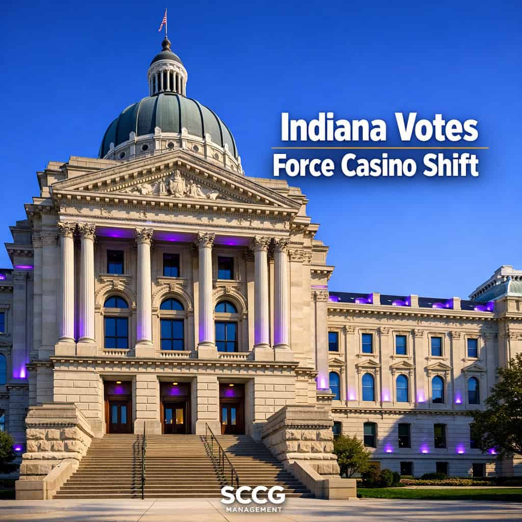 Indiana statehouse exterior in bright daylight, the grand columned facade under clear blue sky where three counties will vote on inland casino gambling.