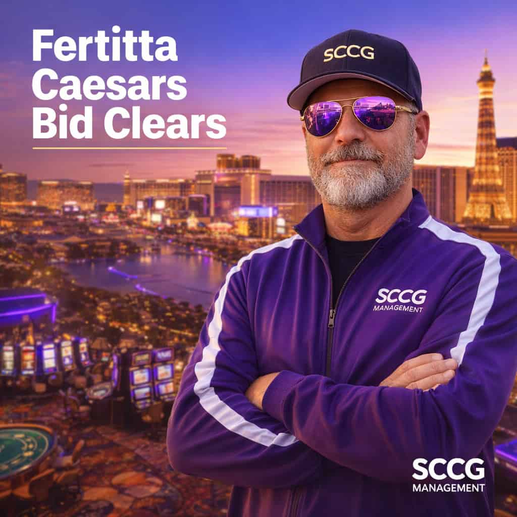 Tilman Fertitta stands confidently on a vibrant Las Vegas casino floor as his $17.6 billion Caesars bid advances post go-shop.