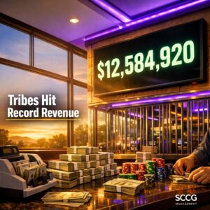 Bustling tribal casino cash cage with currency stacks and glowing digital revenue display showing record totals under bright golden light.