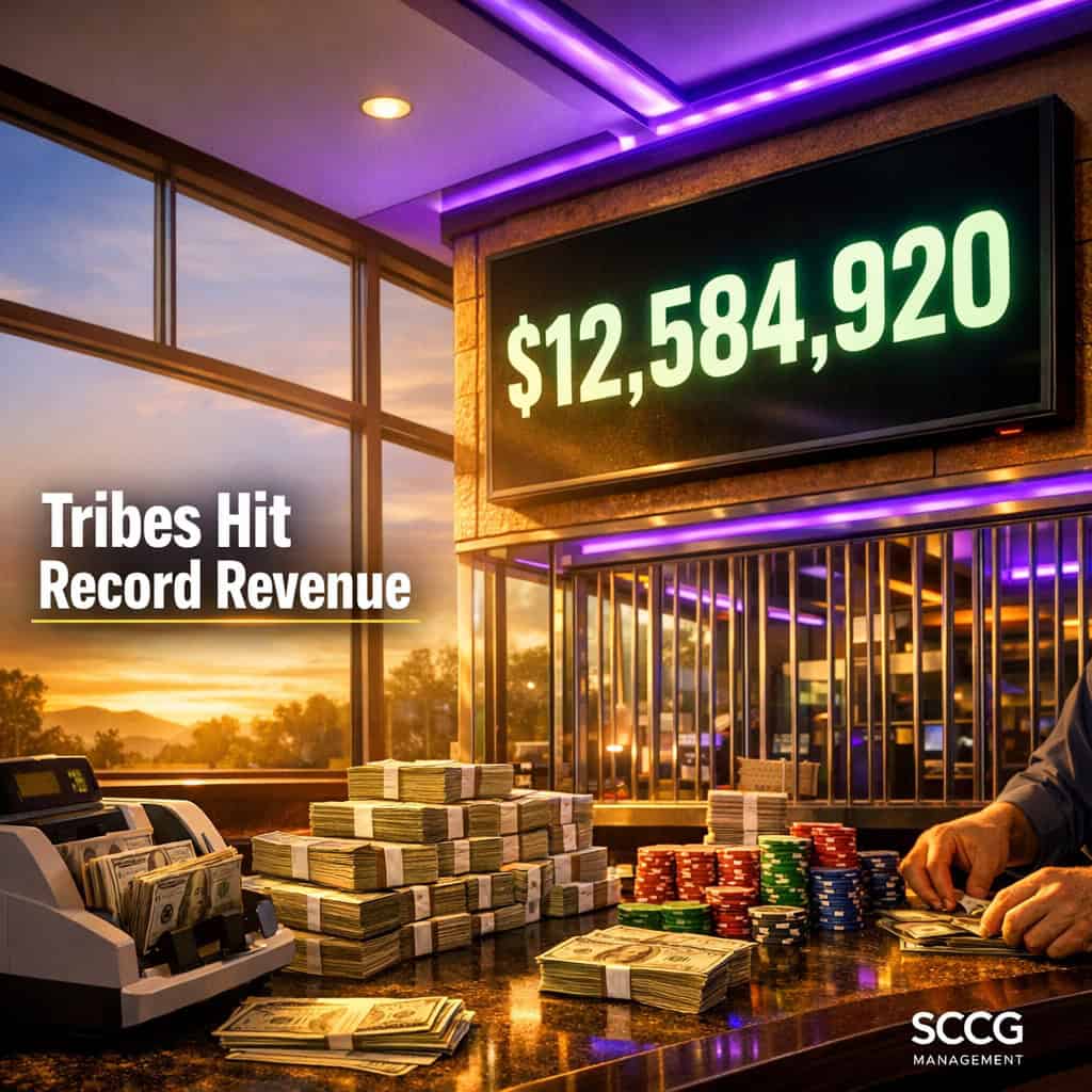 Bustling tribal casino cash cage with currency stacks and glowing digital revenue display showing record totals under bright golden light.