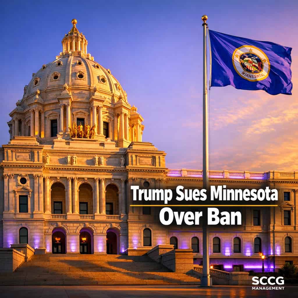 Bright Minnesota state capitol building exterior with flag waving under golden sunlight, testing federal authority over prediction markets.