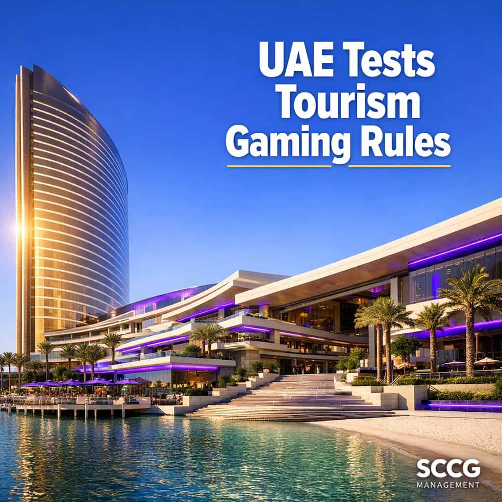 Wynn Al Marjan Island luxury resort complex bathed in bright daylight, showcasing the landmark tourism-integrated gaming test site in the UAE.