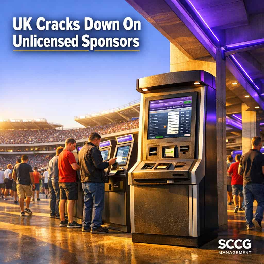 Busy football stadium concourse with self-service betting kiosks under bright match-day light as UK regulators target unlicensed sponsorships.