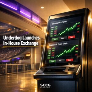 Self-service betting terminal displaying live in-house exchange markets for baseball run totals and basketball point totals under bright directional light.