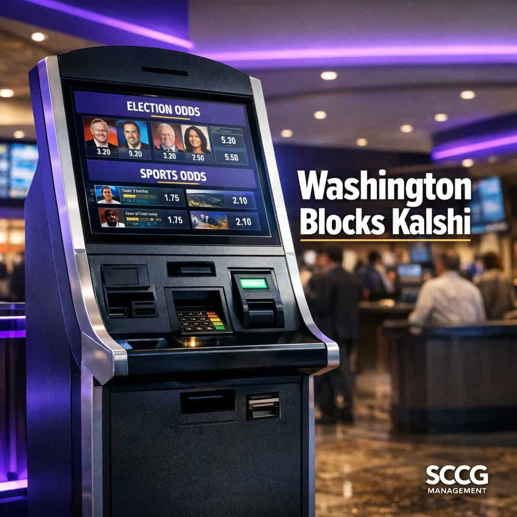 Self-service betting kiosk displaying live event contract odds on a busy prediction market floor as Washington blocks Kalshi.