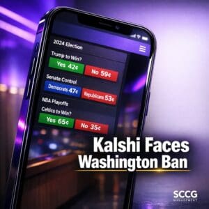 Smartphone displaying the Kalshi prediction market betting app with active wager options on screen.