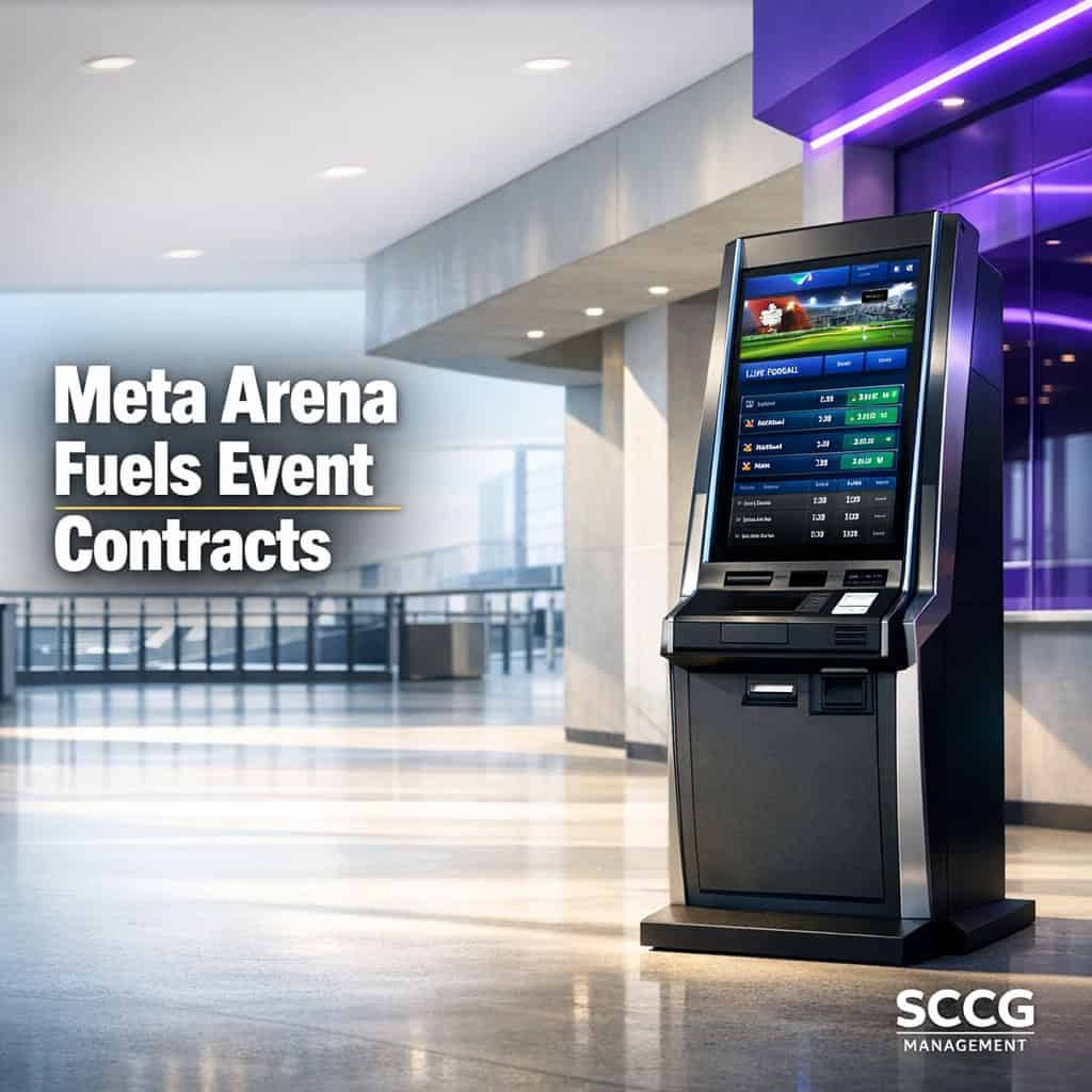 A modern arena concourse terminal displays live event contract options on its screen under bright daylight.