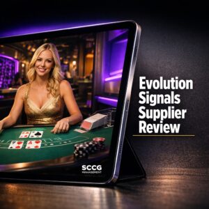Close-up of tablet displaying live casino blackjack dealer interface with real-time video feed.