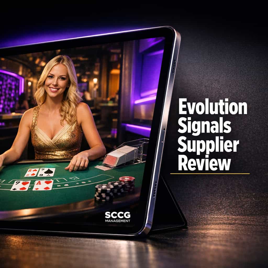 Close-up of tablet displaying live casino blackjack dealer interface with real-time video feed.