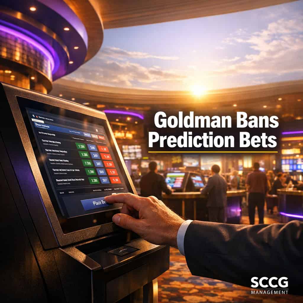 Hand placing a live bet at a bright prediction market terminal on a busy casino concourse as Goldman Sachs bans such contracts.
