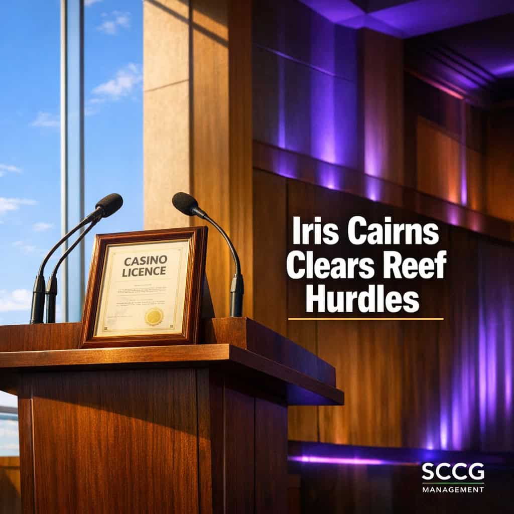 Regulator's podium with framed casino licence standing on the lectern in a sunlit government building interior.