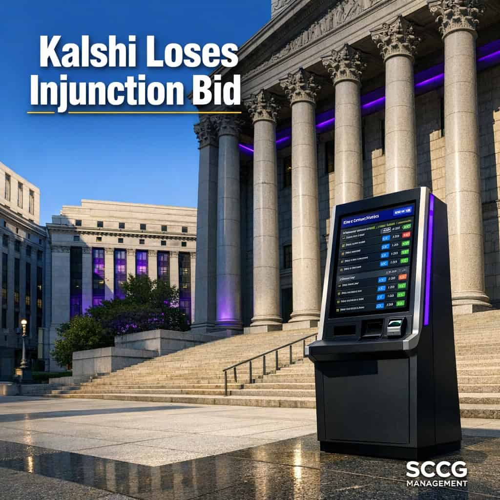 New York federal courthouse exterior with a self-service betting terminal on the sunlit plaza displaying live event contract markets.
