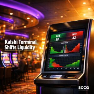 Sleek self-service betting terminal on a vibrant casino floor displaying a live prediction market interface with surging liquidity.