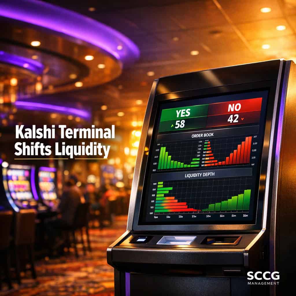 Sleek self-service betting terminal on a vibrant casino floor displaying a live prediction market interface with surging liquidity.