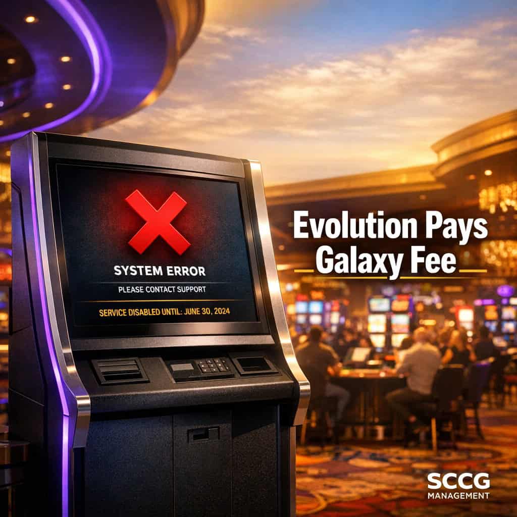 Modern betting kiosk on a vibrant casino floor displaying a regulatory deadline error message under bright directional light.