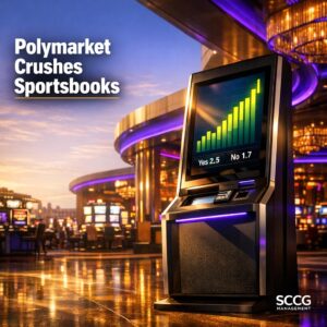 Sleek self-service betting terminal on a busy casino floor displays surging prediction market volume and live odds under dramatic golden light.