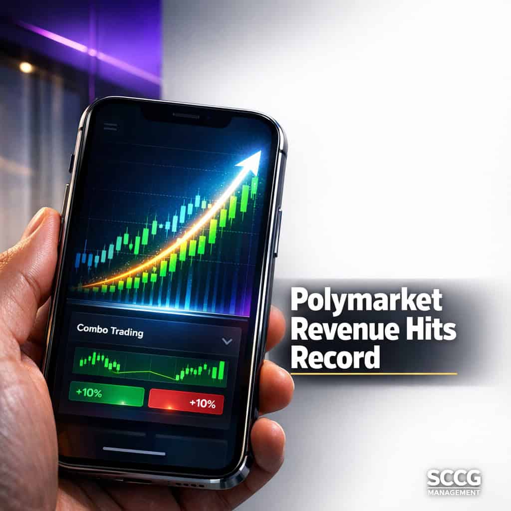 Smartphone close-up showing Polymarket app with active combo trading feature and surging revenue graph on screen.