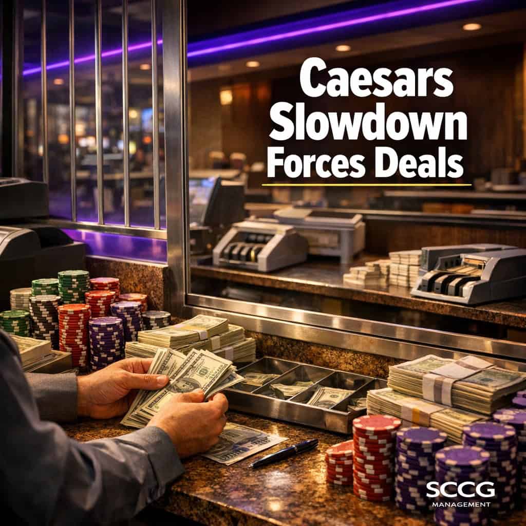 Busy casino cage cash desk mid-transaction with stacks of chips and currency under bright directional light.