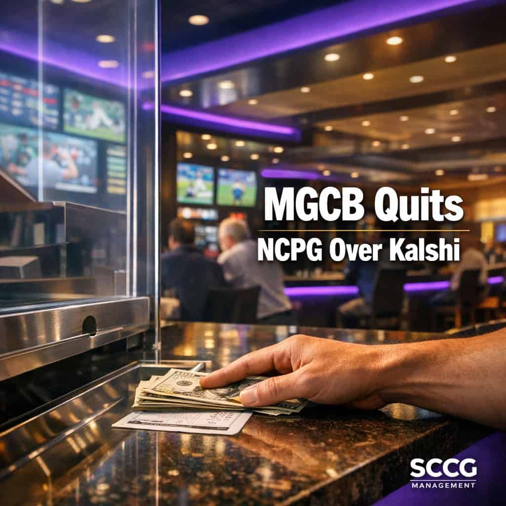Busy Michigan casino sportsbook cashier window with a hand completing a cash transaction for a betting ticket under bright daylight.