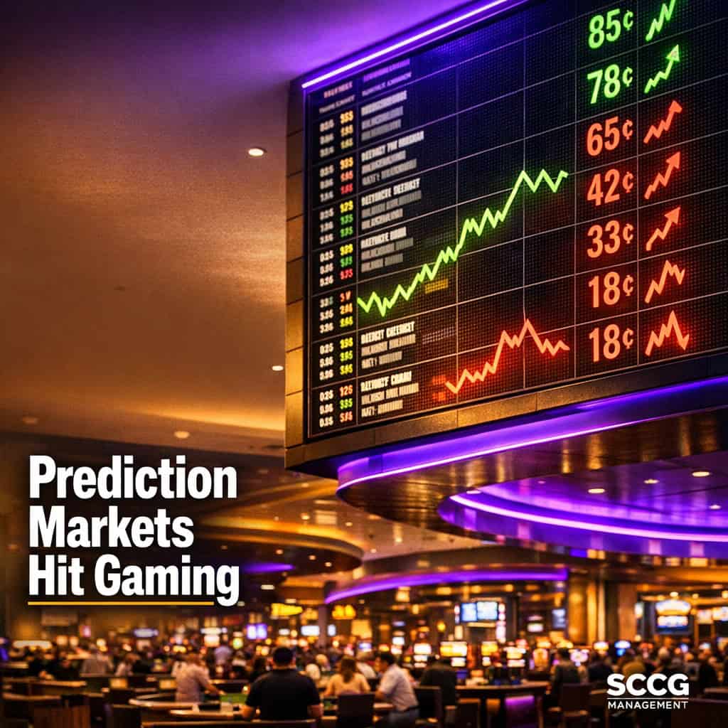 Large glowing sportsbook odds board displaying live prediction market lines above a busy casino gaming floor.