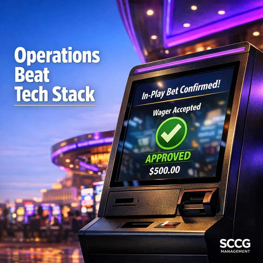 Self-service betting terminal on a busy casino floor displaying an approved in-play bet confirmation under bright directional light.
