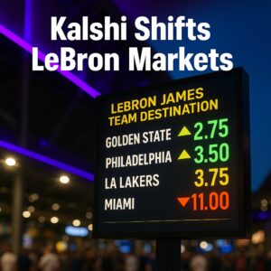 Glowing digital odds board in a sports arena showing real-time probability shifts for LeBron James signing with Golden State and Philadelphia.