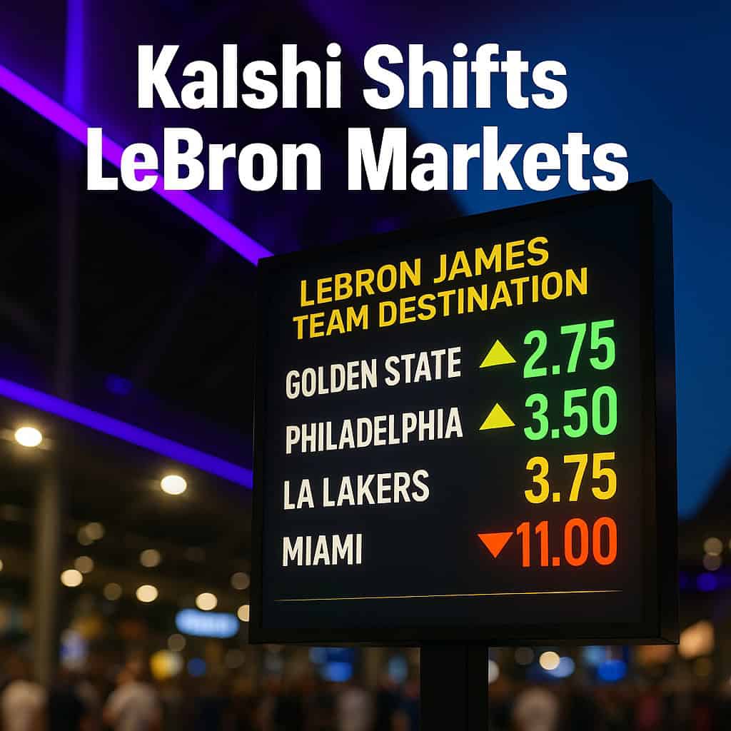 Glowing digital odds board in a sports arena showing real-time probability shifts for LeBron James signing with Golden State and Philadelphia.