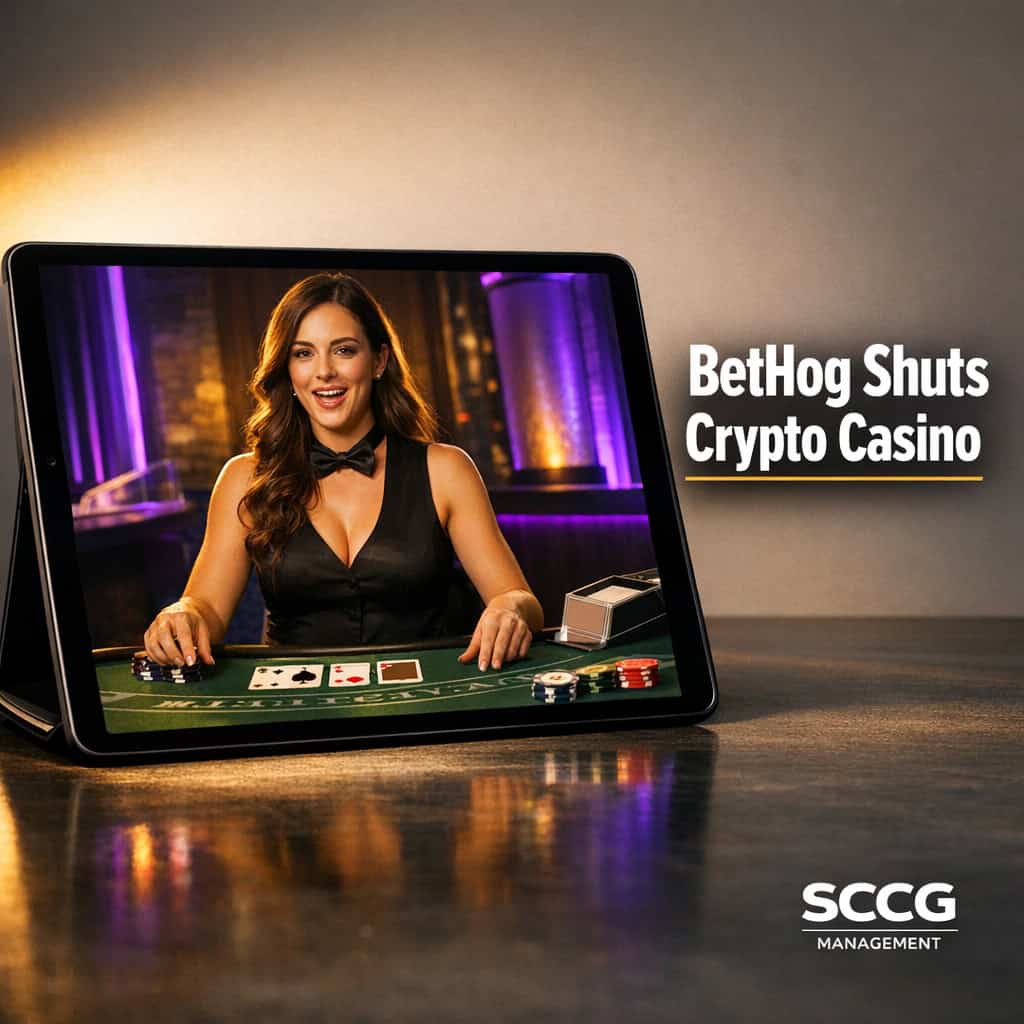 Tablet screen showing an advanced AI blackjack dealer with realistic expressions and movements in a high-end studio setting.