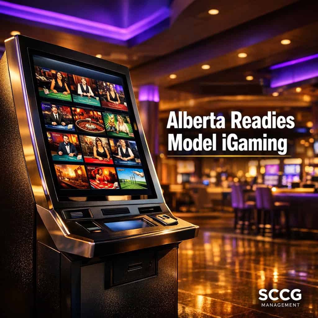 Modern betting kiosk displaying live iGaming interface on a bright active casino floor.