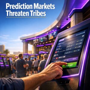 Hand placing a live bet on a glowing prediction market self-service terminal at a busy concourse.