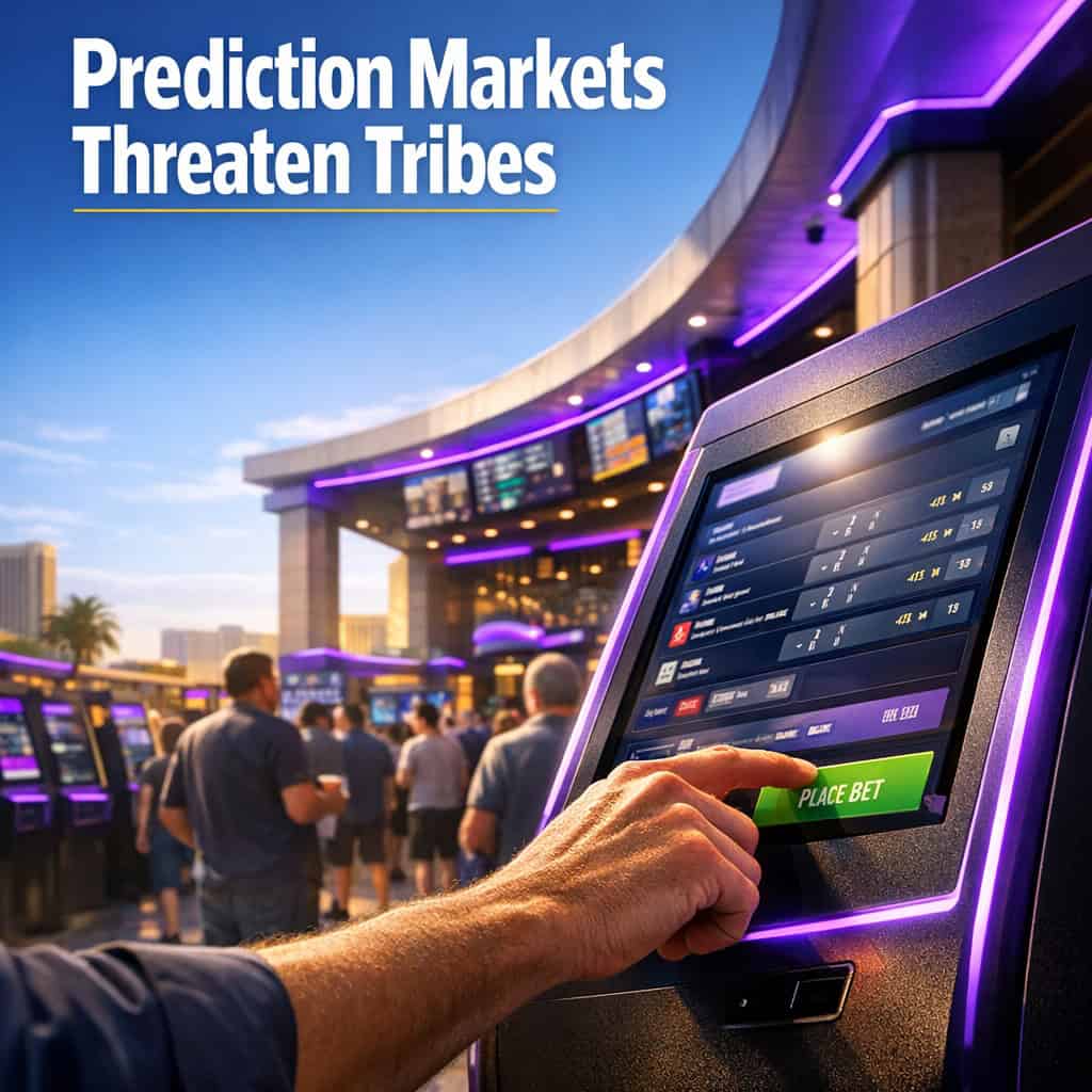 Hand placing a live bet on a glowing prediction market self-service terminal at a busy concourse.