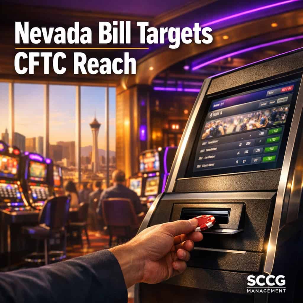 Busy Nevada casino slot floor with a hand placing a bet on a self-service terminal showing sports event contracts under bright daylight.
