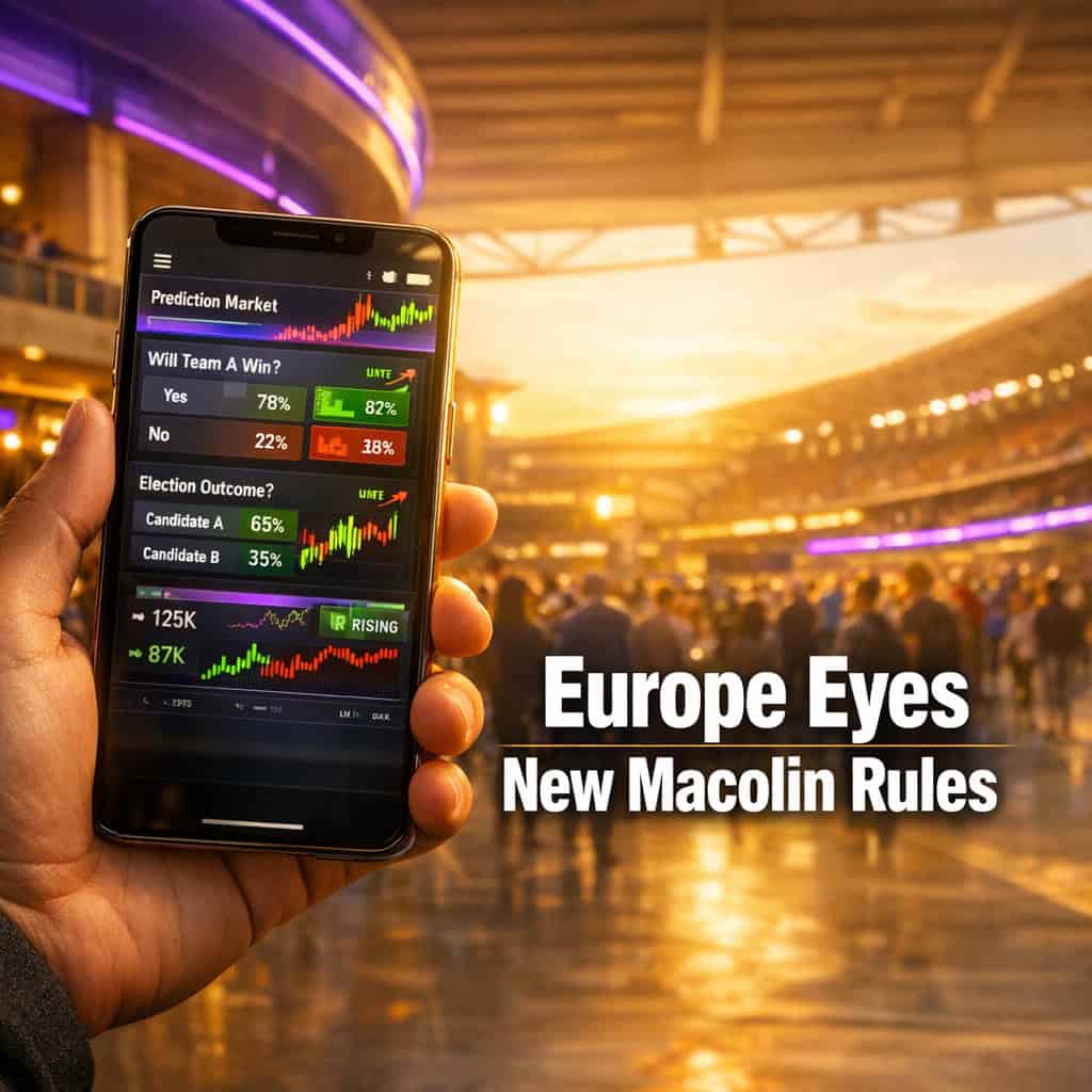 Smartphone screen displaying a surging prediction market trading app interface with high betting volumes set against a vibrant crowded stadium concourse at golden hour.