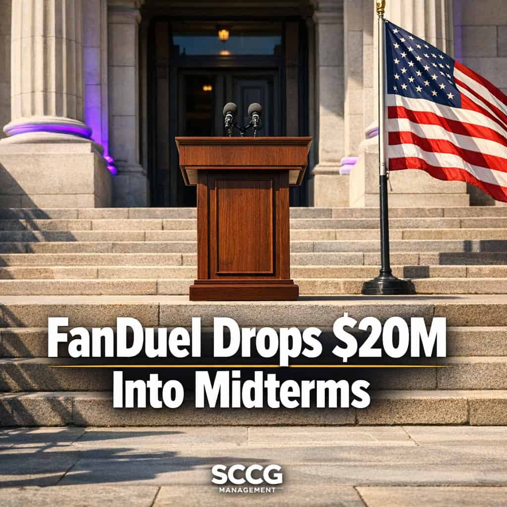 Regulator's podium standing on sunlit statehouse steps with American flag waving, conveying weight of political influence on gaming policy.