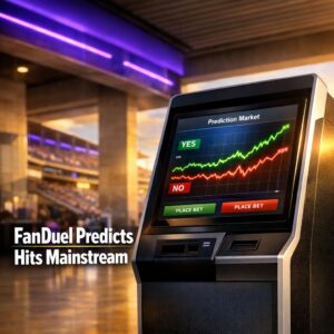 Self-service betting terminal displaying live prediction market interface with surging event contract lines.