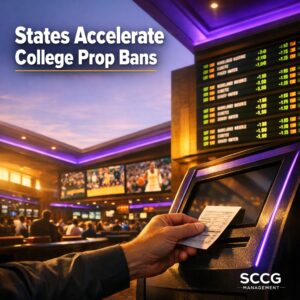 Busy casino sportsbook counter with self-service betting terminal and glowing college basketball odds display under bright directional light.