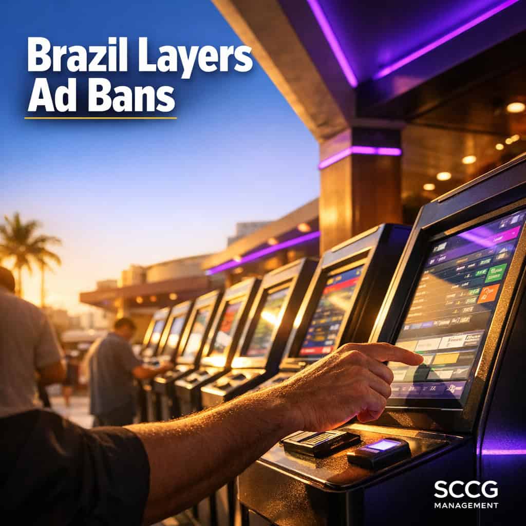 Busy Brazilian betting kiosk terminals on a sunlit urban concourse with hands placing bets, capturing layered local and federal advertising rules in Brazil.