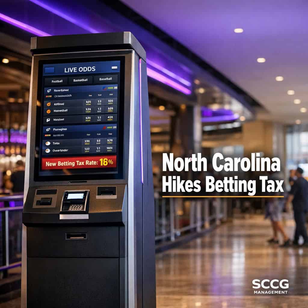 Self-service sports betting kiosk on a bright concourse screen showing live odds next to a highlighted tax rate.