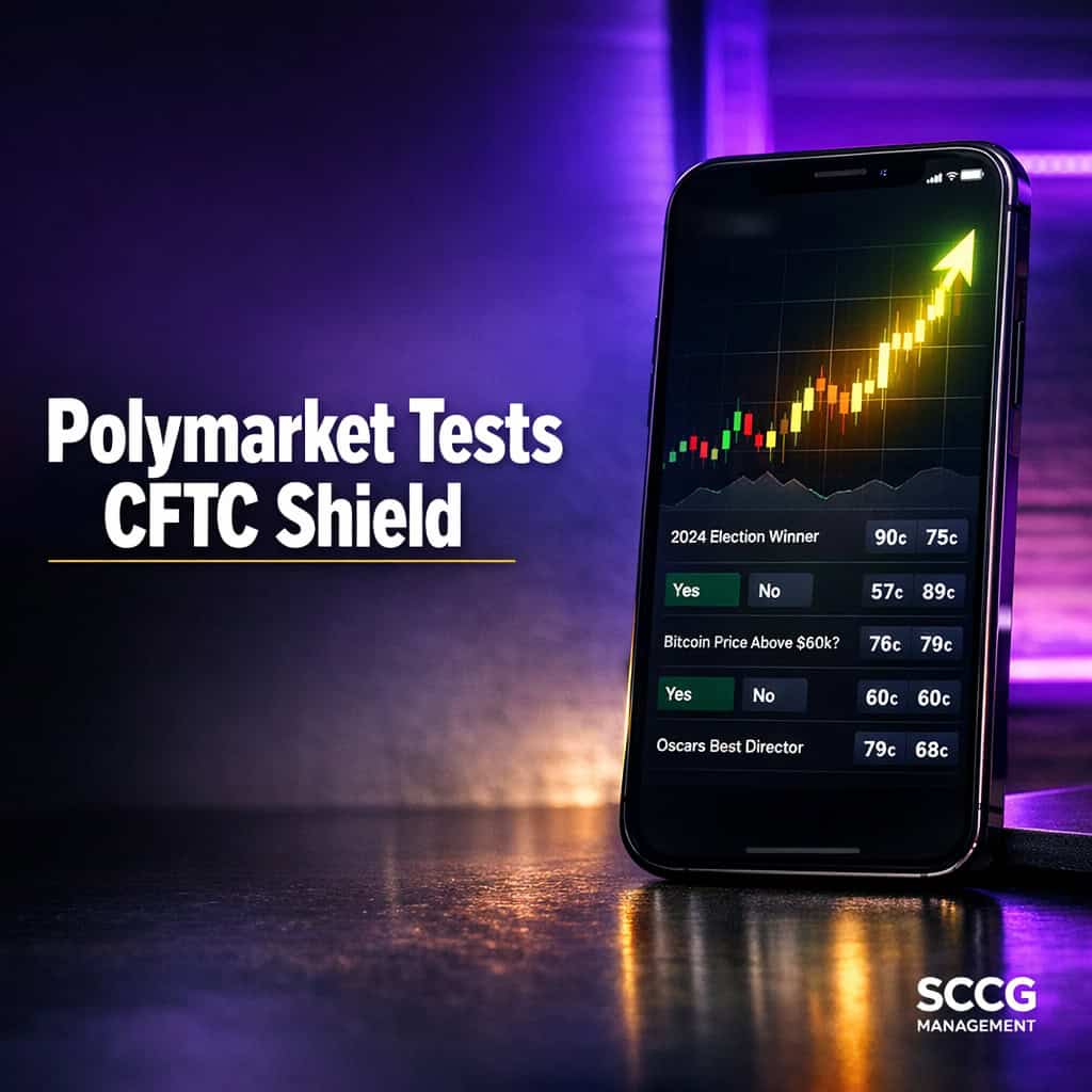A smartphone displaying a prediction-market trading app with live event contracts and an upward price surge under strong directional lighting.