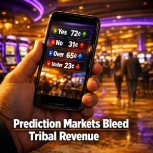 Smartphone displaying a prediction market betting app with surging live odds against a busy tribal casino concourse.