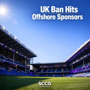 Bright empty Premier League football stadium stands under clear blue sky conveying scale and regulatory impact.