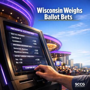 Self-service betting terminal displaying election prediction market lines and odds on a bright casino concourse.