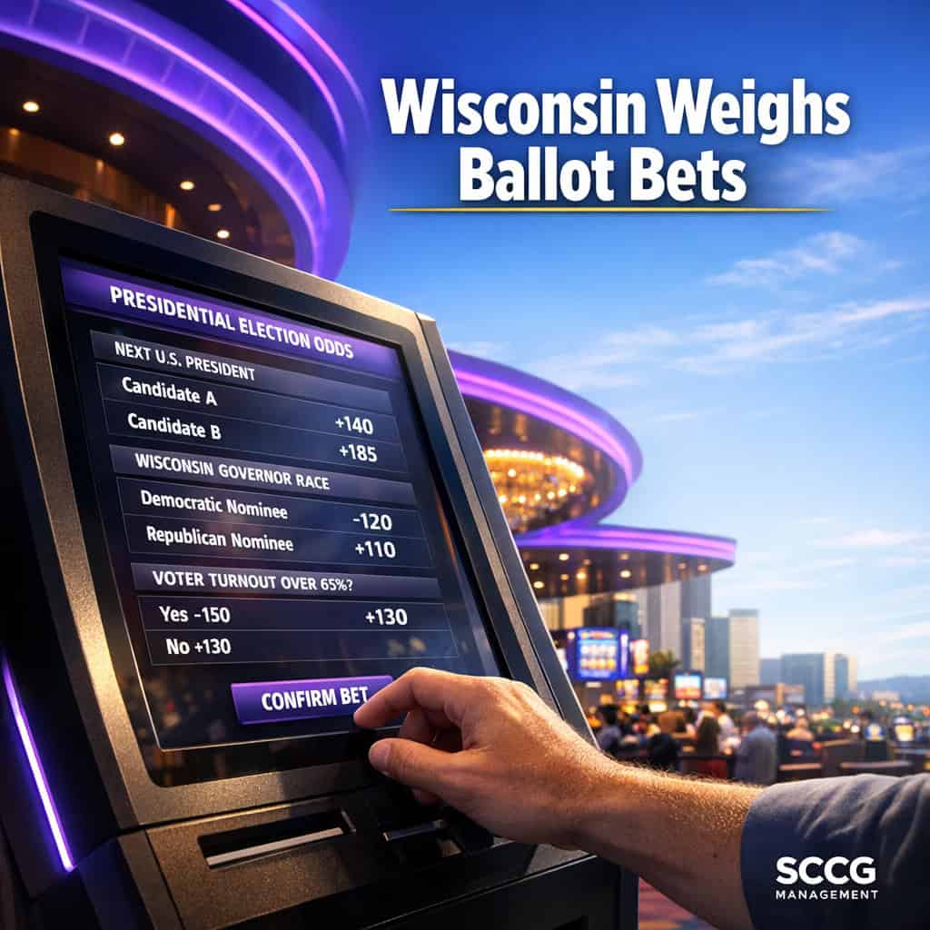 Self-service betting terminal displaying election prediction market lines and odds on a bright casino concourse.