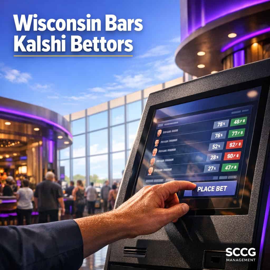 Hand placing a live bet on a self-service prediction market terminal glowing inside a busy Wisconsin casino concourse.