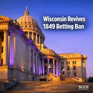 Wisconsin state capitol building bathed in commanding golden sunlight, evoking the revival of the 1849 election betting ban and its impact on prediction market bettors.
