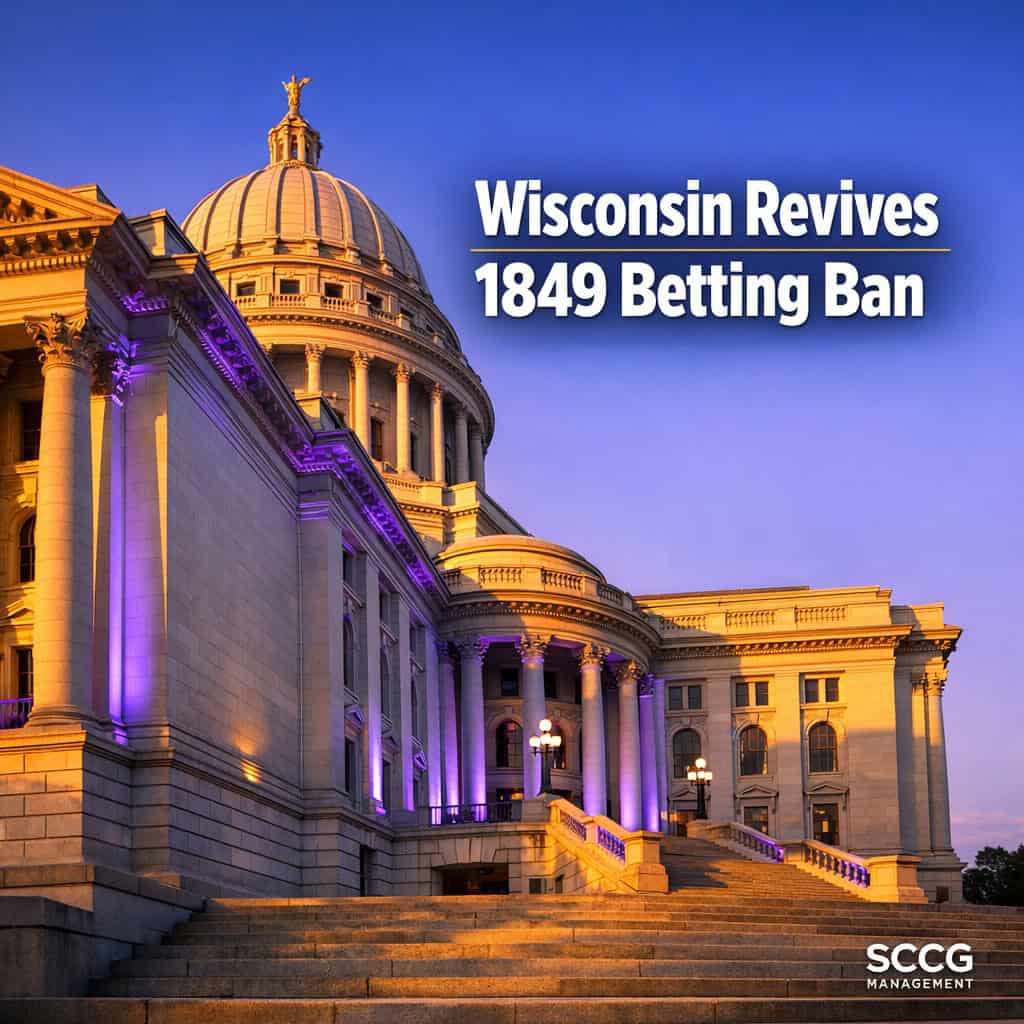 Wisconsin state capitol building bathed in commanding golden sunlight, evoking the revival of the 1849 election betting ban and its impact on prediction market bettors.