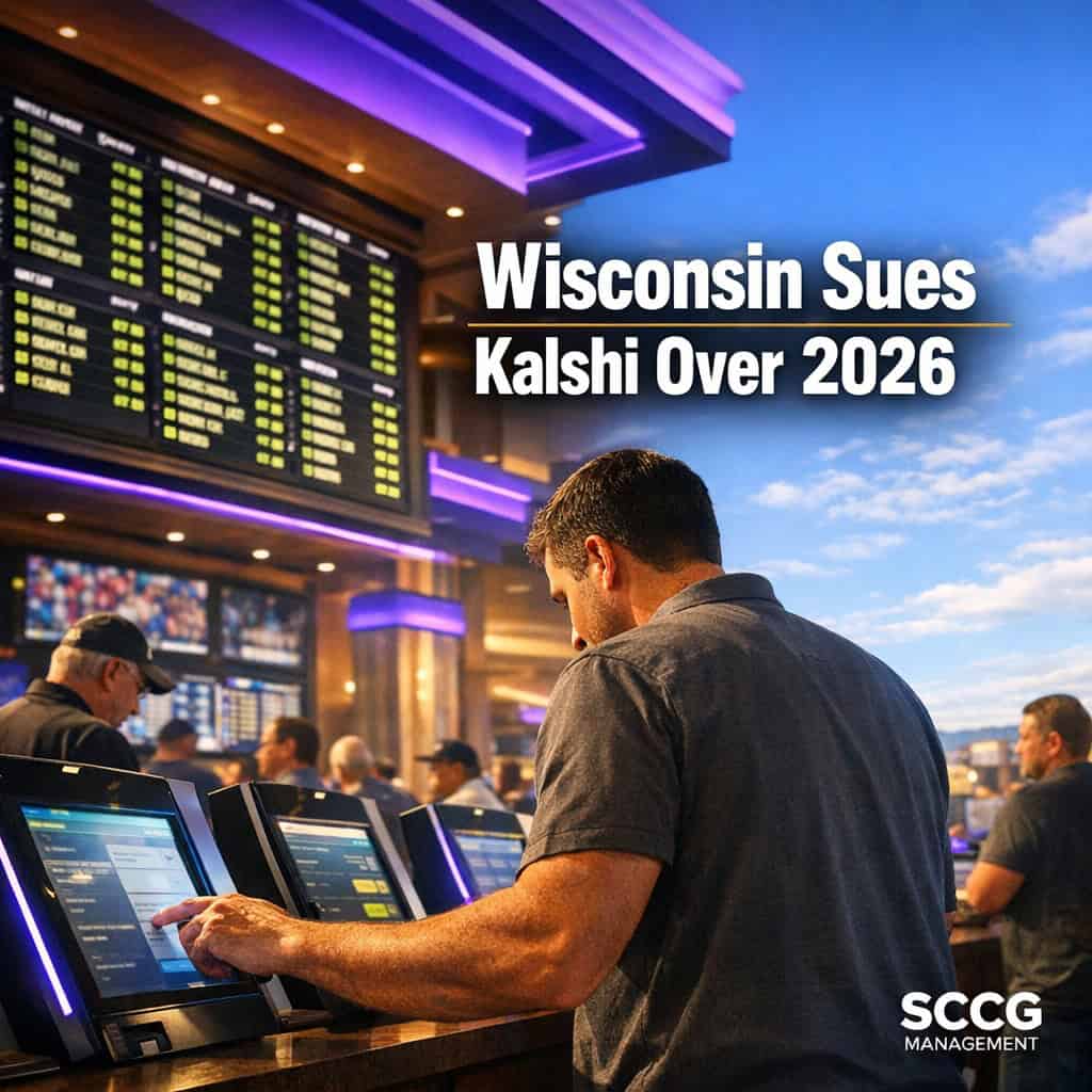 Busy sportsbook counter on a bright casino floor with patrons betting at self-service terminals beneath a large glowing odds board testing event contract legality.